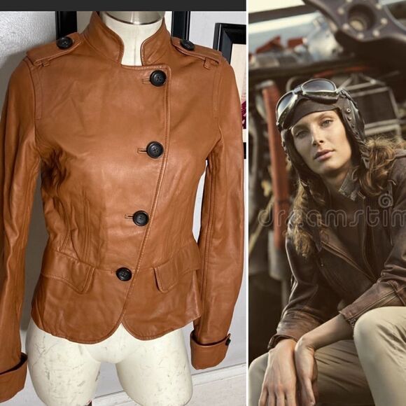 Gap Brown Leather‎ Asymmetrical Button Up Moto Jacket Sz Small - Picture 1 of 8
